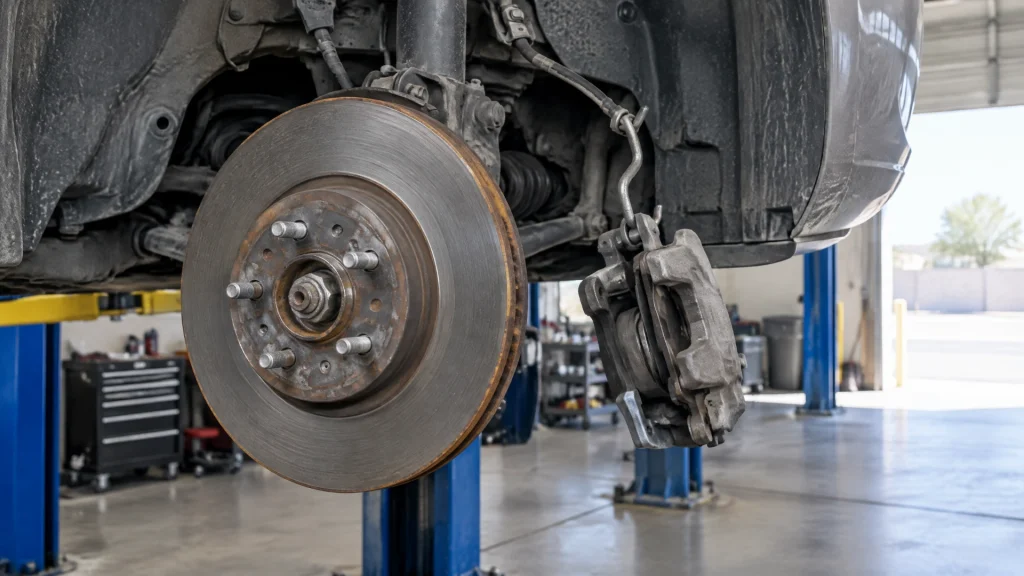 Brake rotor and caliper on a vehicle raised on a lift, wheel removed, caliper hanging clear