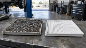 Dirty grey cabin air filter beside a clean white one